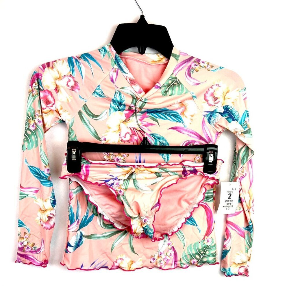 Hobie Girl’s Pink Long Sleeve Two Piece Rashguard Set, Pink/Multi Colored Sz 10